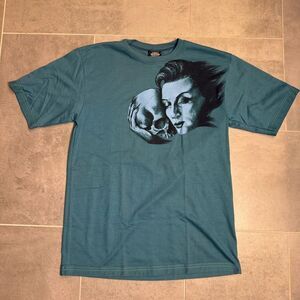 Y2K Sinister Brand Blue T-Shirt with Woman's Face Embracing Skull Womens L/XL